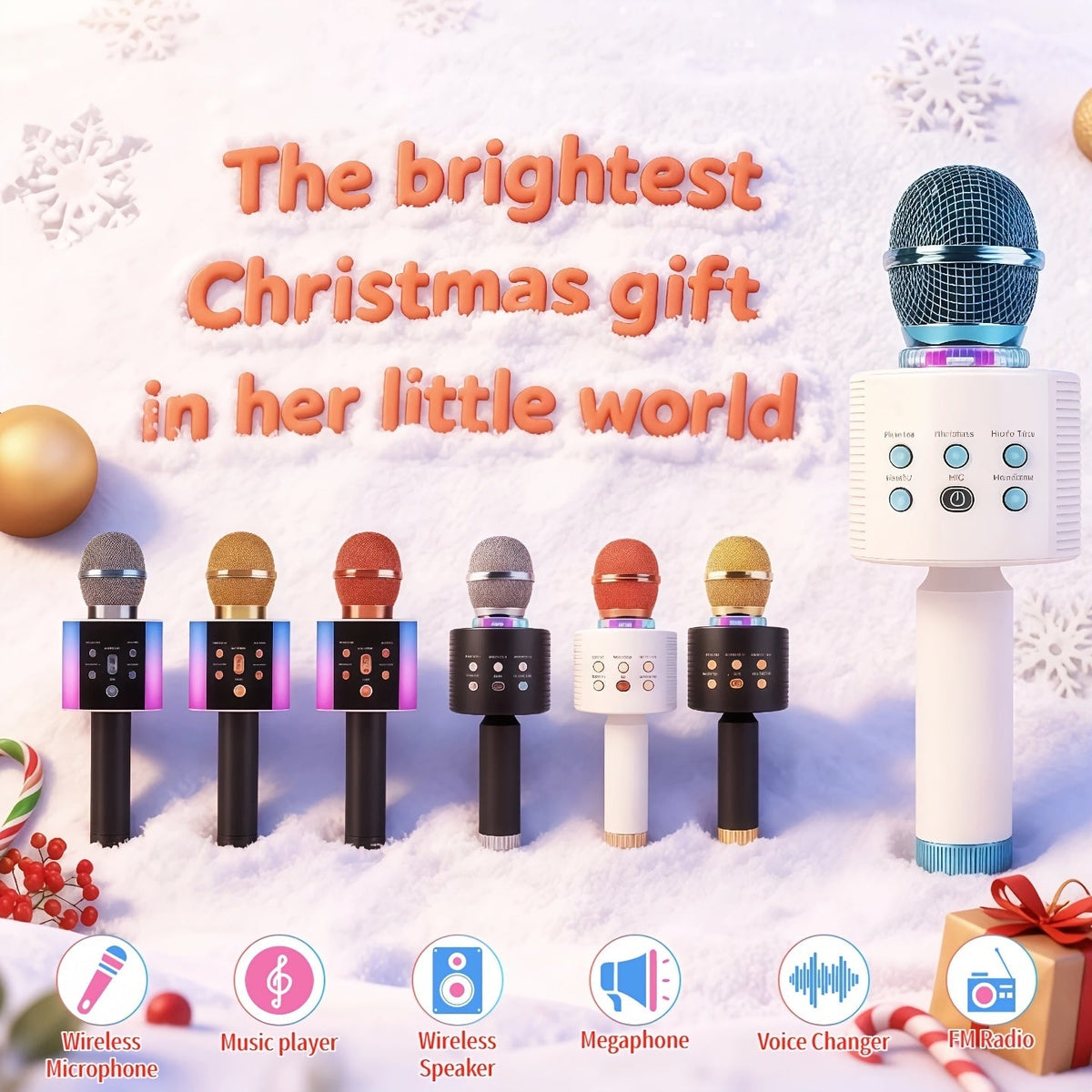 Microphone karaoké sans fil 5-en-1 avec haut-parleur intégré, lumières LED et changeur de voix – Micro de chant Bluetooth portable pour fêtes, réunions de famille, voyages et activités en plein air, 10 couleurs