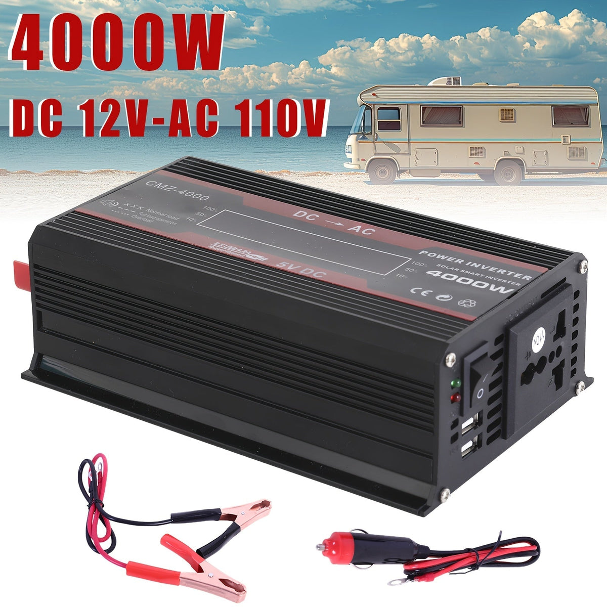 Onduleur de voiture 4000W CC 12V vers CA 110V avec écran LCD, ventilateur de refroidissement et protection contre les surcharges - Convertisseur portable de 800W nominal pour voyages en voiture, camping, activités en extérieur et kits d'urgence