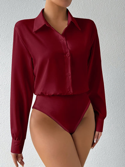Body à manches longues pour femme, couleur unie, col à revers avec boutons, fermeture à boutons-pression à l'entrejambe, haut ajusté et extensible, chemisier à col roulé pour femme