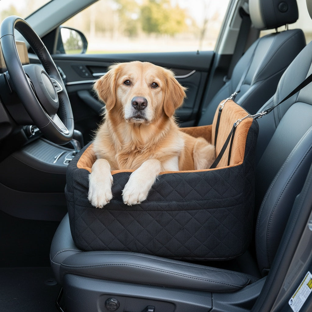 Siège auto pour chiens de taille moyenne à grande – Panier de voyage lavable en mousse à mémoire de forme pour animaux avec passage pour ceinture de sécurité, sangles réglables et installation en 3 points, Gris Noir Marron Tout Noir Noir Gris