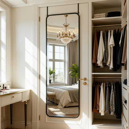 Miroir sur pied pleine longueur à sommet cintré – Miroir plein corps avec support pour chambre, salon et dressing, peut être fixé au mur, disponible en 3 tailles et 2 coloris (noir et doré)