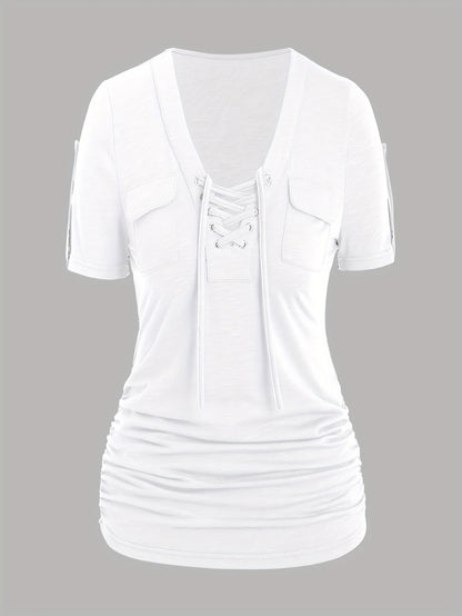 Women's Front Eyelet Strappy T-Shirt V-Neck Casual Stretch Smooth Knit Spring Summer Fall Everyday Top Trendy Cutout S M L XL XXL