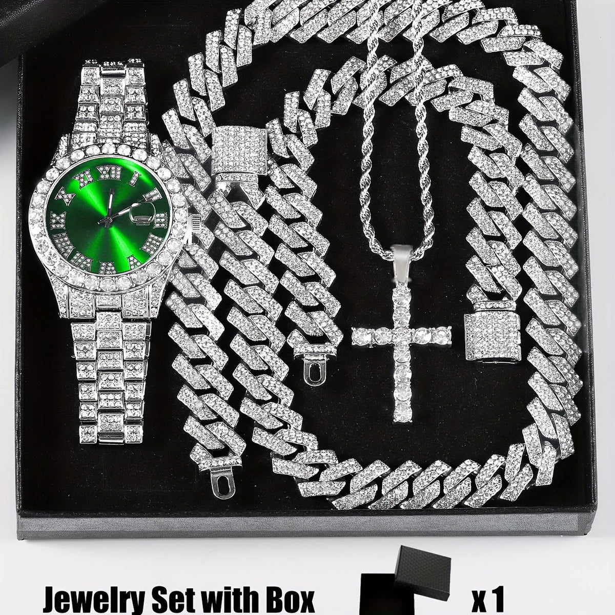 Parure de bijoux 4 pièces avec montre strass et pendentif croix, montre-bracelet analogique à quartz, collier, bracelet et boucles d'oreilles, cadeau unisexe pour lui ou elle, mariage