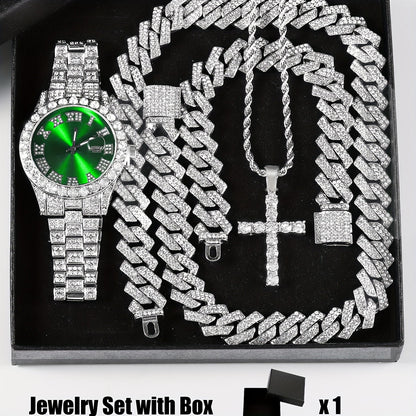 Parure de bijoux 4 pièces avec montre strass et pendentif croix, montre-bracelet analogique à quartz, collier, bracelet et boucles d'oreilles, cadeau unisexe pour lui ou elle, mariage
