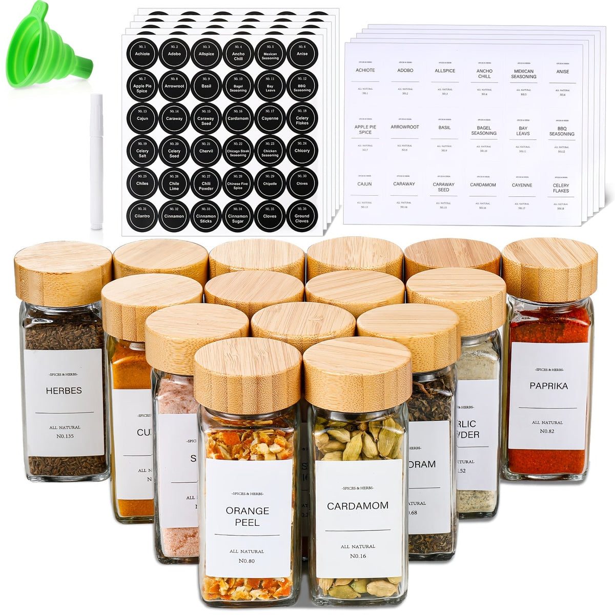 Pots à épices en verre avec couvercles en bambou, étiquettes et entonnoirs pliables – Bouteilles de stockage d'épices de 120 ml pour étagère à épices, garde-manger, placard et tiroir – Ensemble de 15, 24 ou 36 pièces pour l'organisation de la cuisine