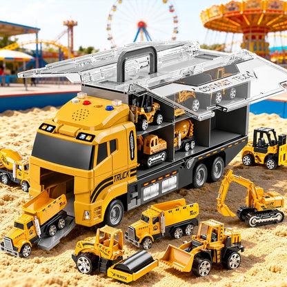 Ensemble de 13 véhicules de chantier pour enfants de 3 ans et plus – Voitures moulées sous pression, tapis de jeu et camion de transport, effets sonores, cadeau d'anniversaire ou de Noël (accessoires aléatoires)