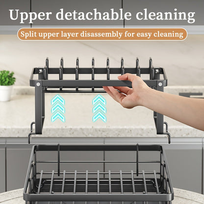 Égouttoir à vaisselle en métal à 2 niveaux avec porte-couverts, porte-gobelets et plateau d'égouttage antirouille – Égouttoir compact pour plan de travail de cuisine, égouttoir en acier durable pour tous types de surfaces