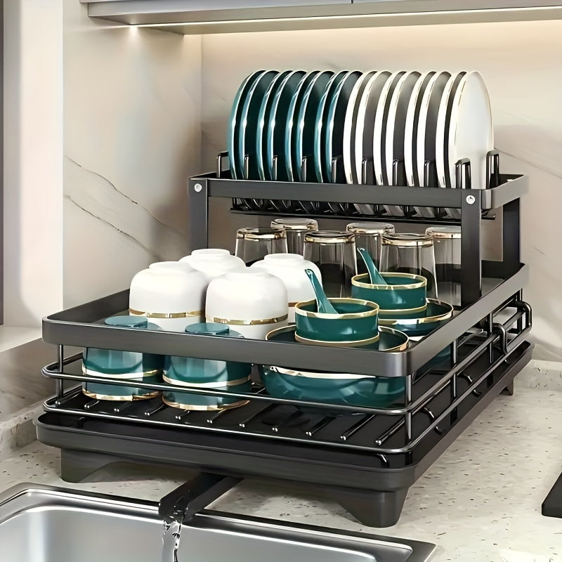 Égouttoir à vaisselle à 2 niveaux pour comptoir de cuisine avec plateau d'égouttage, tapis de drainage, porte-couteaux, porte-fourchettes, porte-gobelets, organisateur d'ustensiles, accessoire de cuisine, cadeau pour femme pour la fête des mères
