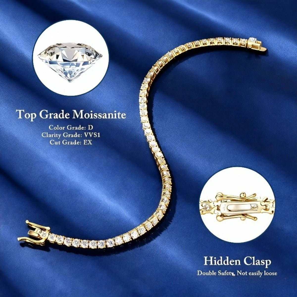 Bracelet tennis en argent  sterling S925 et moissanite pour femme – Finition or taille brillante 4 mm, style français élégant, hypoallergénique, tailles 15 à 23 cm, cadeau parfait pour un mariage ou un anniversaire (7,71 g)