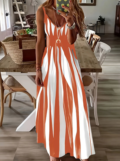 Robe décontractée à imprimé, col en V et bretelles spaghetti pour femme – Robe midi extensible en maille 100 % polyester pour toutes les saisons (printemps, été, automne, hiver)