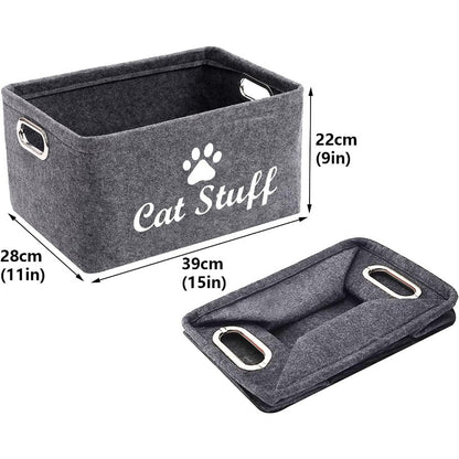 Collapsible Felt Cat Storage Basket with Metal Handles – Foldable Pet Toy Organizer Box for Cat Supplies, Home Organization Bin, Black