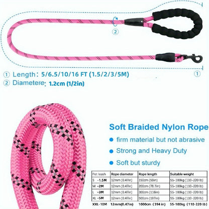 Laisse pour chien ronde et réfléchissante 12 mm – Laisse longue en nylon épais et robuste pour chiens moyens et grands – Laisse de marche avec coutures réfléchissantes pour la sécurité nocturne, l'entraînement en extérieur et l'usage quotidien