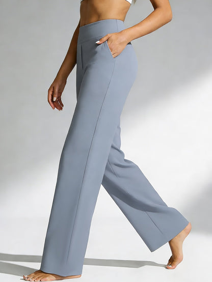 Pantalon de yoga taille haute à jambe droite pour femme avec poches – Vêtement de sport décontracté, extensible et ample pour femme, pantalon d'entraînement uni d'été pour le yoga, la gym, le pilates et le quotidien, S-XXL