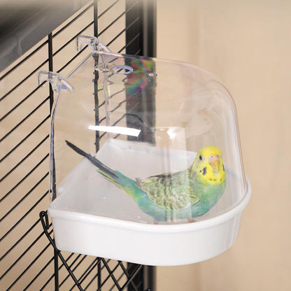 Baignoire transparente suspendue pour cage à oiseaux - Douche pour perruches, calopsittes et petits oiseaux, bol de bain amovible pour animaux, accessoire de cage et équipement de soin pour oiseaux
