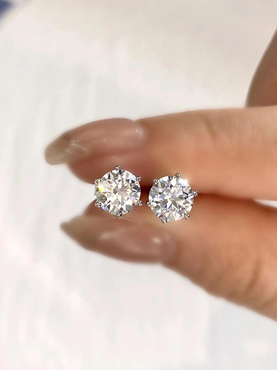 Boucles d'oreilles solitaires en moissanite – Argent sterling 925, sertissage 6 griffes, taille ronde, de 0,5 ct à 3 ct, alternative au diamant, bijoux de mariage pour femmes, éclat brillant