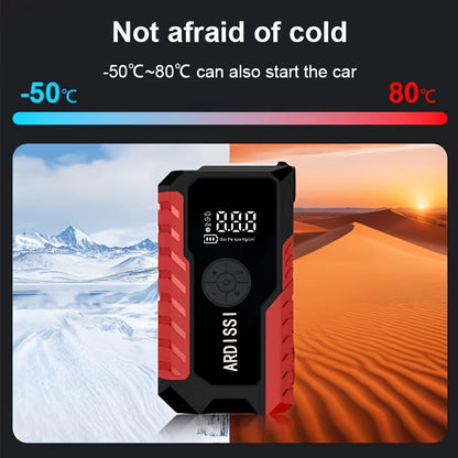 Démarreur de batterie portable 5000A avec compresseur d'air 150 PSI – Booster de batterie tout-en-un 10000mAh, port Type-C, lampe LED pour voitures essence et diesel 12V, camions, SUV et motos