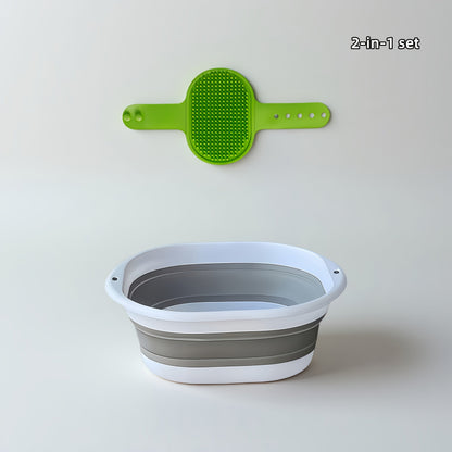 Baignoire pliable pour animaux avec ensemble de brosses de toilettage – Bassine portable et pliable pour chiens et chats, idéale pour les petits animaux, les voyages et le camping, bac de lavage polyvalent pour la maison et l'extérieur