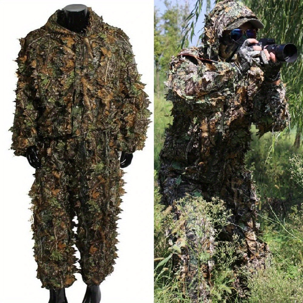 Tenue de camouflage 3D Ghillie pour homme – Ensemble veste à capuche et pantalon léger, vêtements de chasse respirants à motif feuilles 3D, 0,43 kg