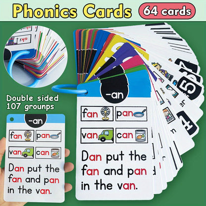 LACHILLY 107-Group Phonics Flashcards for Kids – CVC Word Learning Cards with Colorful Illustrations, I Can Read English Learning, Educational Memory Game & Teaching Aid