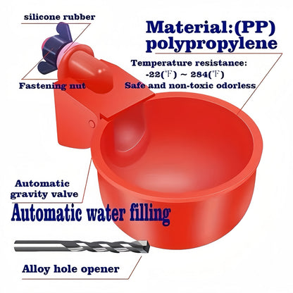 Lot de 16 abreuvoirs automatiques pour volailles – Bols auto-remplissants pour poules, canards et oiseaux avec foret et support – Valve à flotteur intégrée avec arrêt automatique – PP durable, sans pile requise