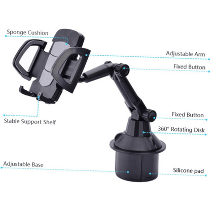 Support téléphone pour porte-gobelet de voiture, support universel réglable pour téléphone portable, socle avec rotation à 360°, compatible avec iPhone, Samsung et tous les smartphones