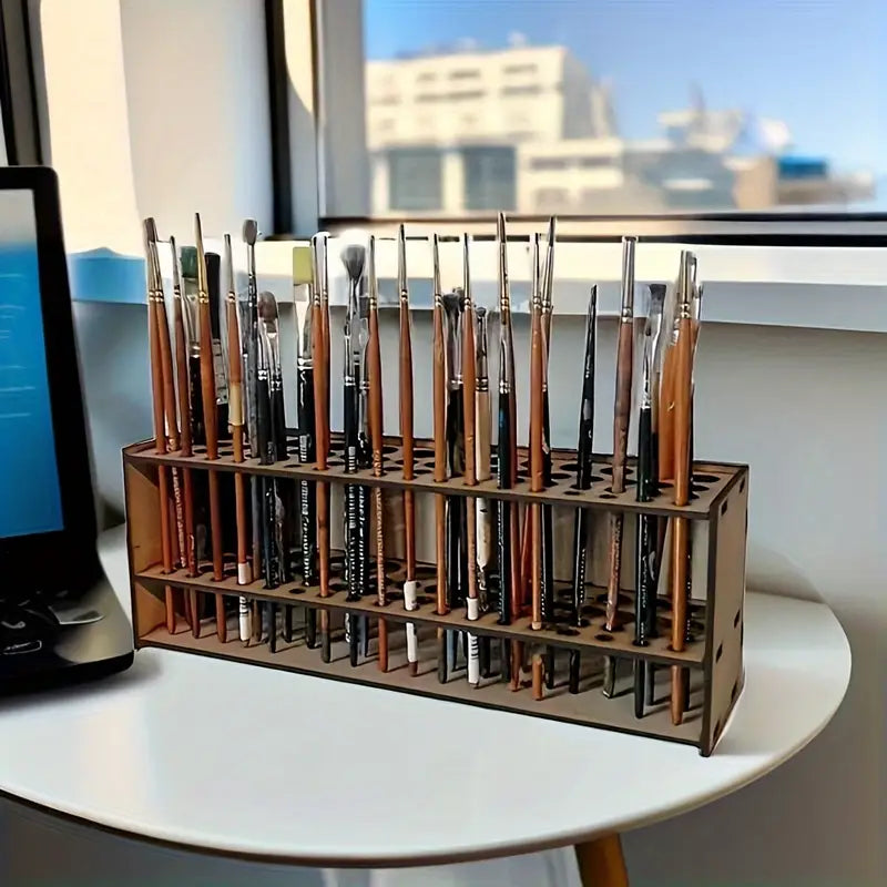 Support de pinceaux en bois à 67 trous - Organisateur de bureau pour artistes, boîte de rangement pour fournitures d'art, support de pinceaux léger et durable pour la peinture, le dessin et les loisirs créatifs