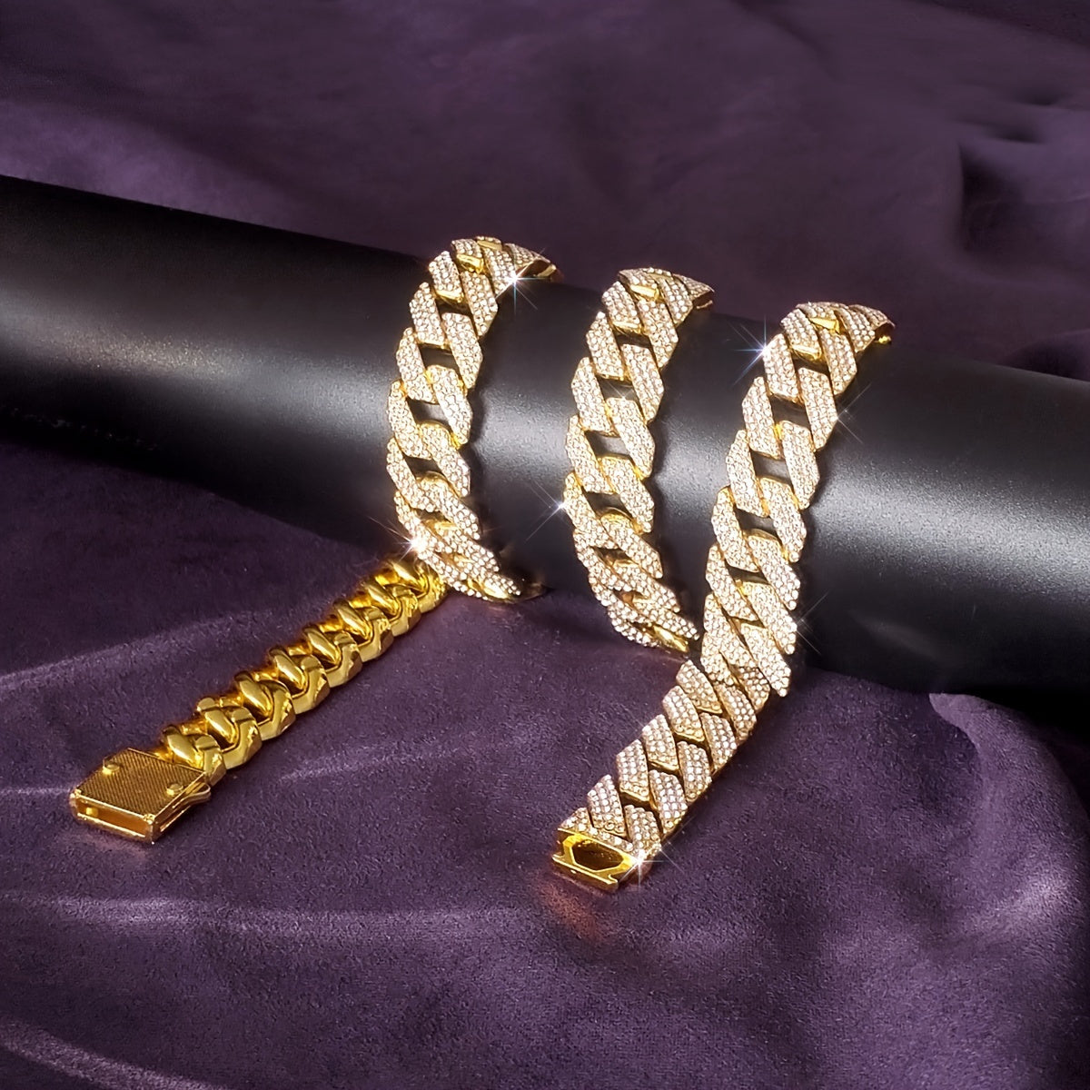 Collier chaîne maille cubaine pour homme style hip-hop avec incrustation de pierres synthétiques – Tons argent et or, 45 cm / 50 cm, coffret cadeau inclus, bijou audacieux pour toutes les occasions