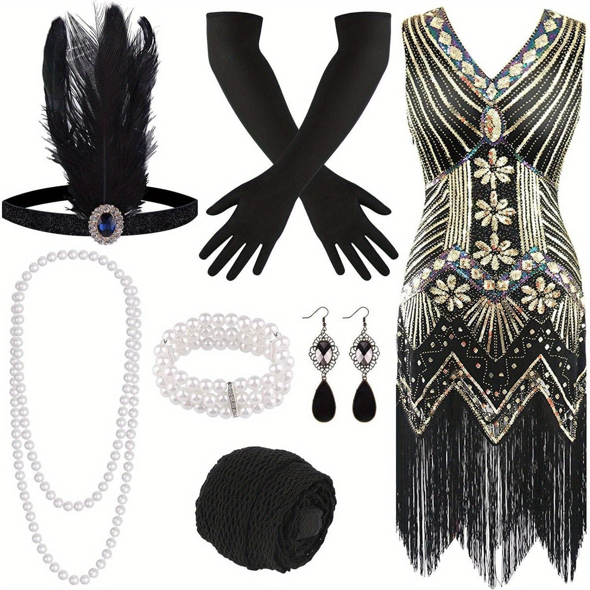 Robe Charleston années 1920 pour femme, à sequins, perles et franges, col en V, costume Great Gatsby avec accessoires, S-XL, rouge, noir, doré