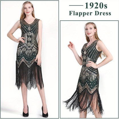 Robe Charleston années 1920 pour femme, à sequins, perles et franges, col en V, costume Great Gatsby avec accessoires, S-XL, rouge, noir, doré