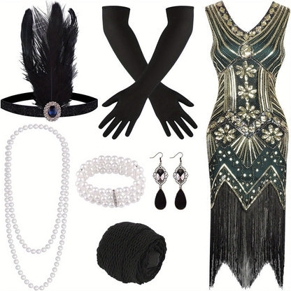 Robe Charleston années 1920 pour femme, à sequins, perles et franges, col en V, costume Great Gatsby avec accessoires, S-XL, rouge, noir, doré