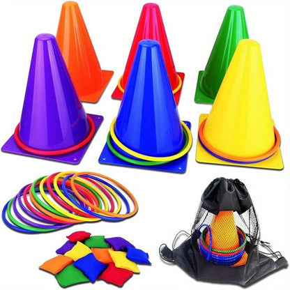 Jeu de lancer d'anneaux avec cônes de glace, jouet de plein air pour l'entraînement sensoriel, jeu de lancer circulaire avec barils colorés, activité amusante pour le jardin, jeux de fête pour enfants, adultes et famille, cadeau d'anniversaire