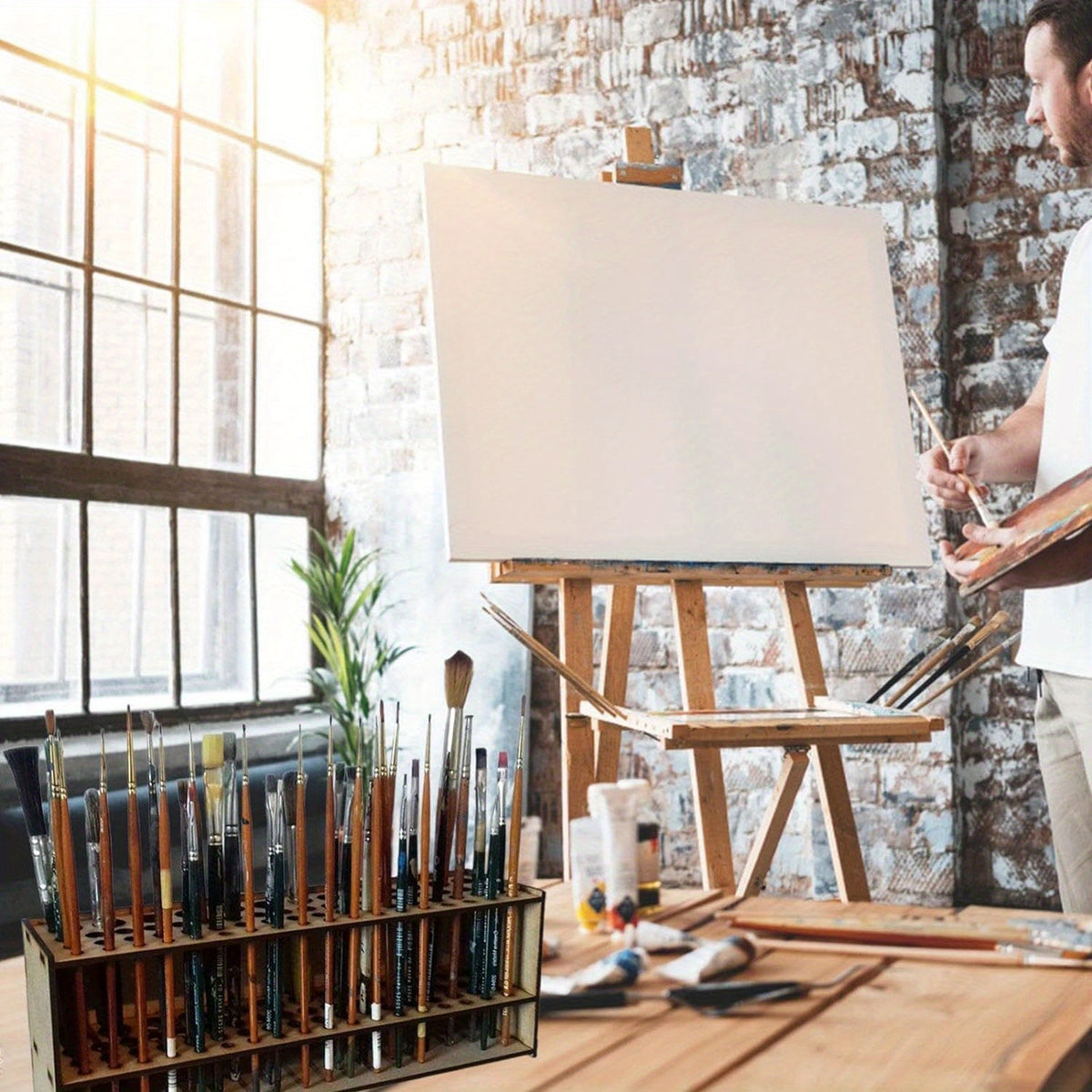 Support de pinceaux en bois à 67 trous - Organisateur de bureau pour artistes, boîte de rangement pour fournitures d'art, support de pinceaux léger et durable pour la peinture, le dessin et les loisirs créatifs
