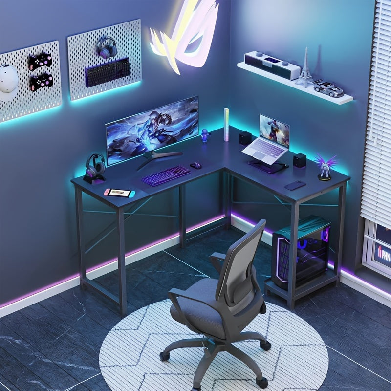 Bureau d'ordinateur en forme de L avec sac de rangement et étagères – Bureau d'angle réversible, poste de travail pour PC et ordinateur portable pour bureau à domicile, salle d'étude, bureau d'écriture peu encombrant
