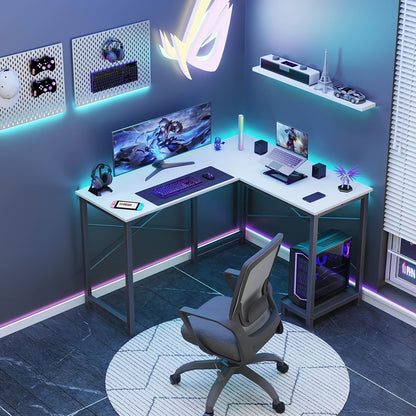 Bureau d'ordinateur en forme de L avec sac de rangement et étagères – Bureau d'angle réversible, poste de travail pour PC et ordinateur portable pour bureau à domicile, salle d'étude, bureau d'écriture peu encombrant