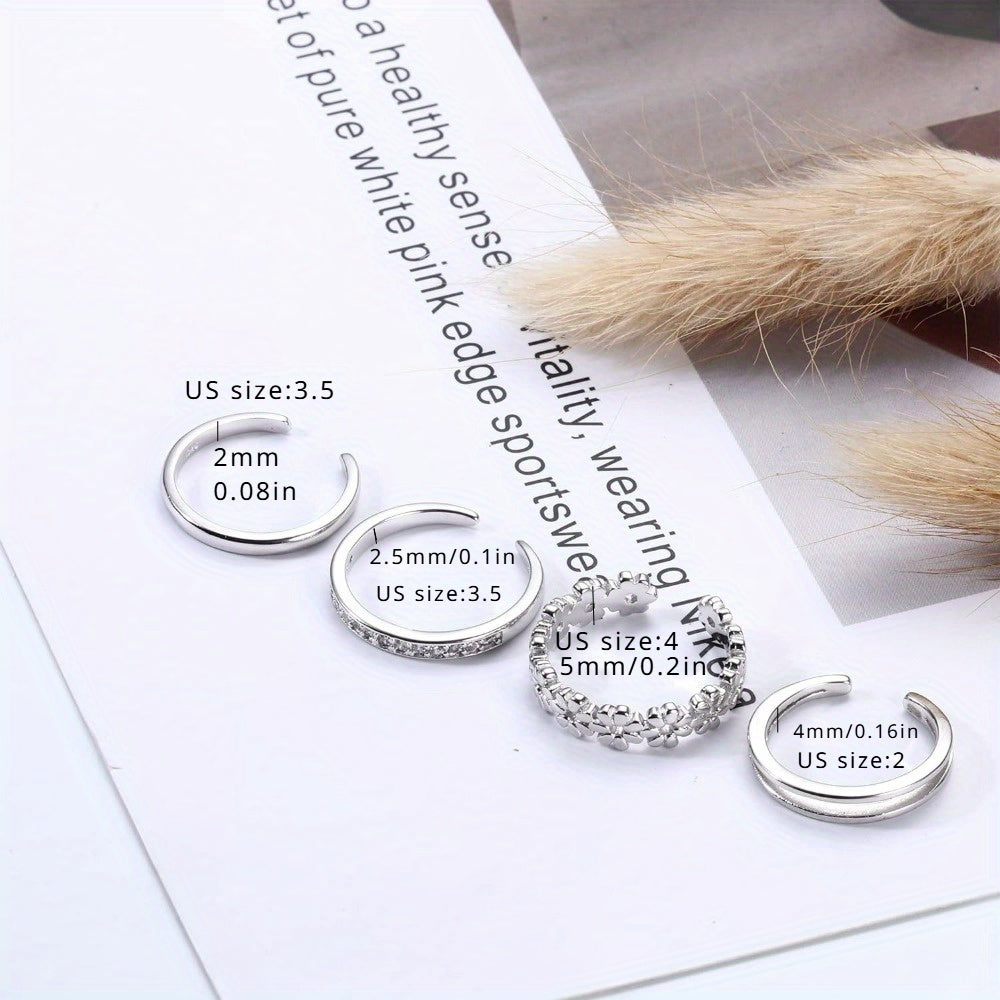 Lot de 4 bagues d'orteil réglables en argent sterling 925 pour femme - Anneaux ouverts avec fleur de marguerite et oxyde de zirconium, bijoux bohèmes légers de 6 g pour orteils, pouces ou petits doigts, cadeau pour vacances ou fête
