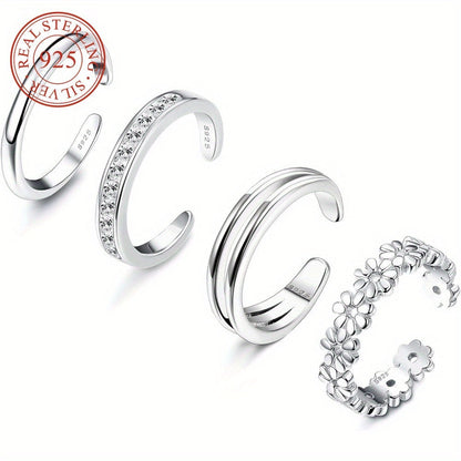Lot de 4 bagues d'orteil réglables en argent sterling 925 pour femme - Anneaux ouverts avec fleur de marguerite et oxyde de zirconium, bijoux bohèmes légers de 6 g pour orteils, pouces ou petits doigts, cadeau pour vacances ou fête