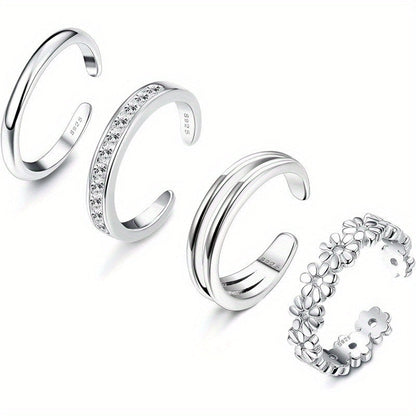 Lot de 4 bagues d'orteil réglables en argent sterling 925 pour femme - Anneaux ouverts avec fleur de marguerite et oxyde de zirconium, bijoux bohèmes légers de 6 g pour orteils, pouces ou petits doigts, cadeau pour vacances ou fête