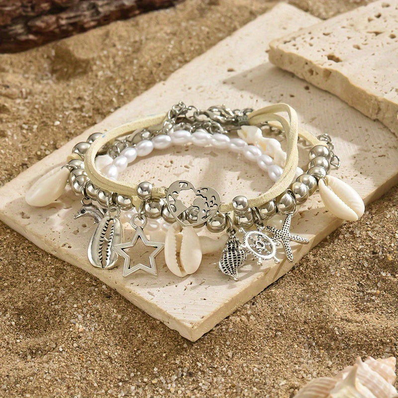 Lot de 4 bracelets de cheville océan – Bracelets de cheville pour femmes avec pendentifs perle, coquillage et étoile de mer plaqués argent 925, bijoux bohème pour vacances à la plage et soirées, ensemble de bracelets de cheville superposés en cadeau