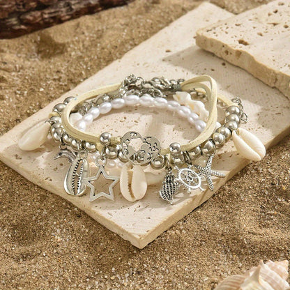 Lot de 4 bracelets de cheville océan – Bracelets de cheville pour femmes avec pendentifs perle, coquillage et étoile de mer plaqués argent 925, bijoux bohème pour vacances à la plage et soirées, ensemble de bracelets de cheville superposés en cadeau