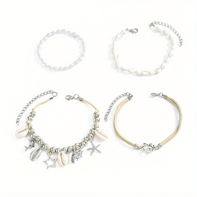 Lot de 4 bracelets de cheville océan – Bracelets de cheville pour femmes avec pendentifs perle, coquillage et étoile de mer plaqués argent 925, bijoux bohème pour vacances à la plage et soirées, ensemble de bracelets de cheville superposés en cadeau
