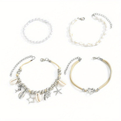 Lot de 4 bracelets de cheville océan – Bracelets de cheville pour femmes avec pendentifs perle, coquillage et étoile de mer plaqués argent 925, bijoux bohème pour vacances à la plage et soirées, ensemble de bracelets de cheville superposés en cadeau