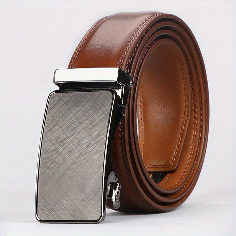 Men's Genuine Leather Belt Automatic Buckle Ratchet Dress Belt for Men – No Hole Slide Buckle, Black Brown, Fits Waist 30" to 44", Formal & Casual Wear