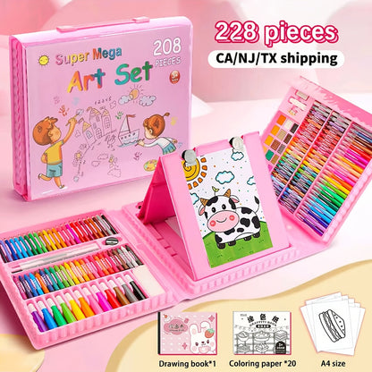 Kit de dessin et peinture pour enfants de 228 pièces avec chevalet, kit complet pour débutants de 3 à 12 ans, inclut carnet de croquis, livre de coloriage, marqueurs acryliques, feutres aquarellables, pastels à l'huile, crayons de couleur et gomme