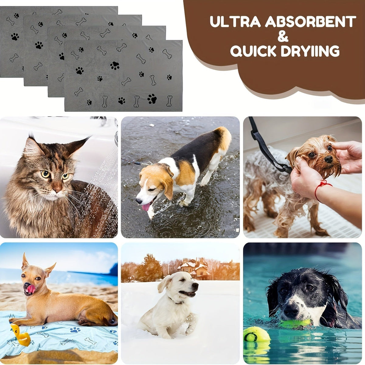 Grande serviette de bain pour chiens et  chats, serviette en microfibre super absorbante et à séchage rapide, 100 x 60 cm, couverture de séchage douce pour le bain, le toilettage et la plage – Cadeau pour animaux de compagnie