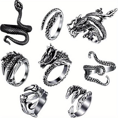 Ensemble de 8 bagues Dragon & Serpent – Bagues réglables en acier inoxydable 316 avec incrustations en zircone cubique, bijoux de style punk rétro vintage pour hommes et femmes, ensemble de bagues empilables audacieux en cadeau