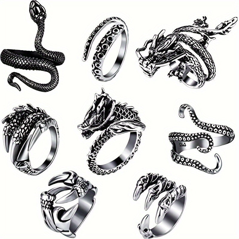 Ensemble de 8 bagues Dragon & Serpent – Bagues réglables en acier inoxydable 316 avec incrustations en zircone cubique, bijoux de style punk rétro vintage pour hommes et femmes, ensemble de bagues empilables audacieux en cadeau