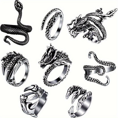 Ensemble de 8 bagues Dragon & Serpent – Bagues réglables en acier inoxydable 316 avec incrustations en zircone cubique, bijoux de style punk rétro vintage pour hommes et femmes, ensemble de bagues empilables audacieux en cadeau