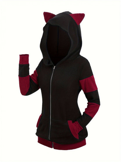 Veste à capuche avec oreilles de chat pour femme, sweat-shirt mi-long à fermeture éclair, style color-block, automne-hiver – Vêtement d'extérieur décontracté, chaud et épais, S-XXL