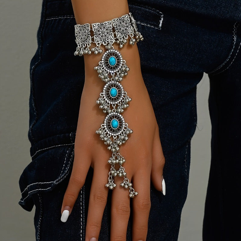 Bracelet mitaine turquoise – Bijou de main style bohème Bollywood vintage pour femme, disponible en turquoise et émeraude créée, parfait pour les festivals, les mariages et le look bohème au quotidien