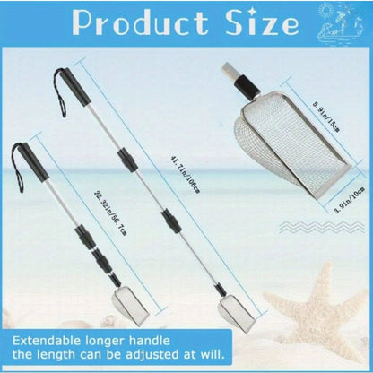 Pelle tamis de plage rétractable en acier inoxydable avec manche télescopique – Outil pour ramasser les coquillages, chercher des trésors et fouiller la plage sans se baisser | Sert aussi de pelle à litière pour chat (lot de 1 ou 2)